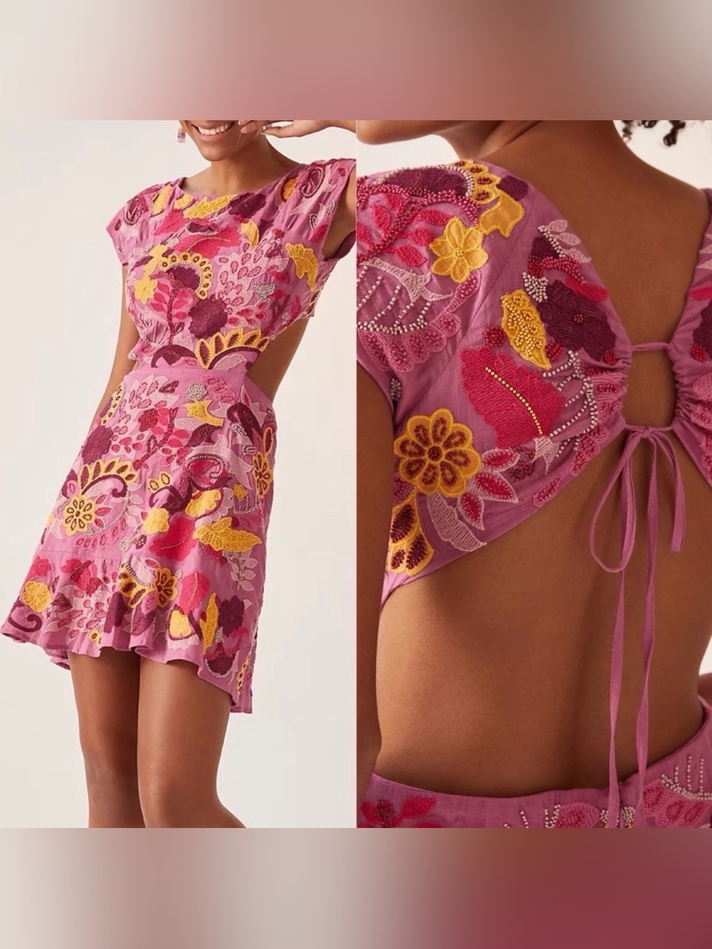 Anthropologie Maeve Embroidered Beaded Floral Cutout Backless Mini Dress Pink
